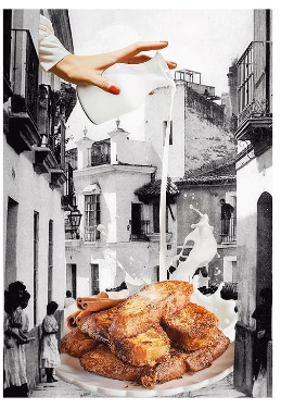 Arte por la Dana, solidario creando un collage con elementos tradicionales de Valencia