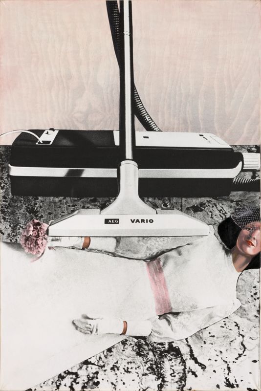 Arte feminista donde se forma un collage con una aspiradora aspira a una mujer con un traje de boda.